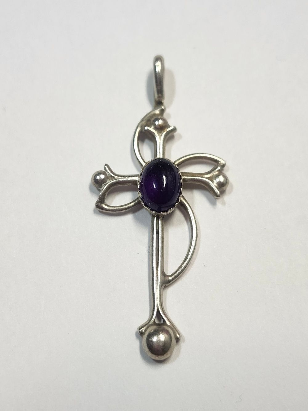 Sterling Silver Cross Pendant with Deep Purple Amethyst Cabochon